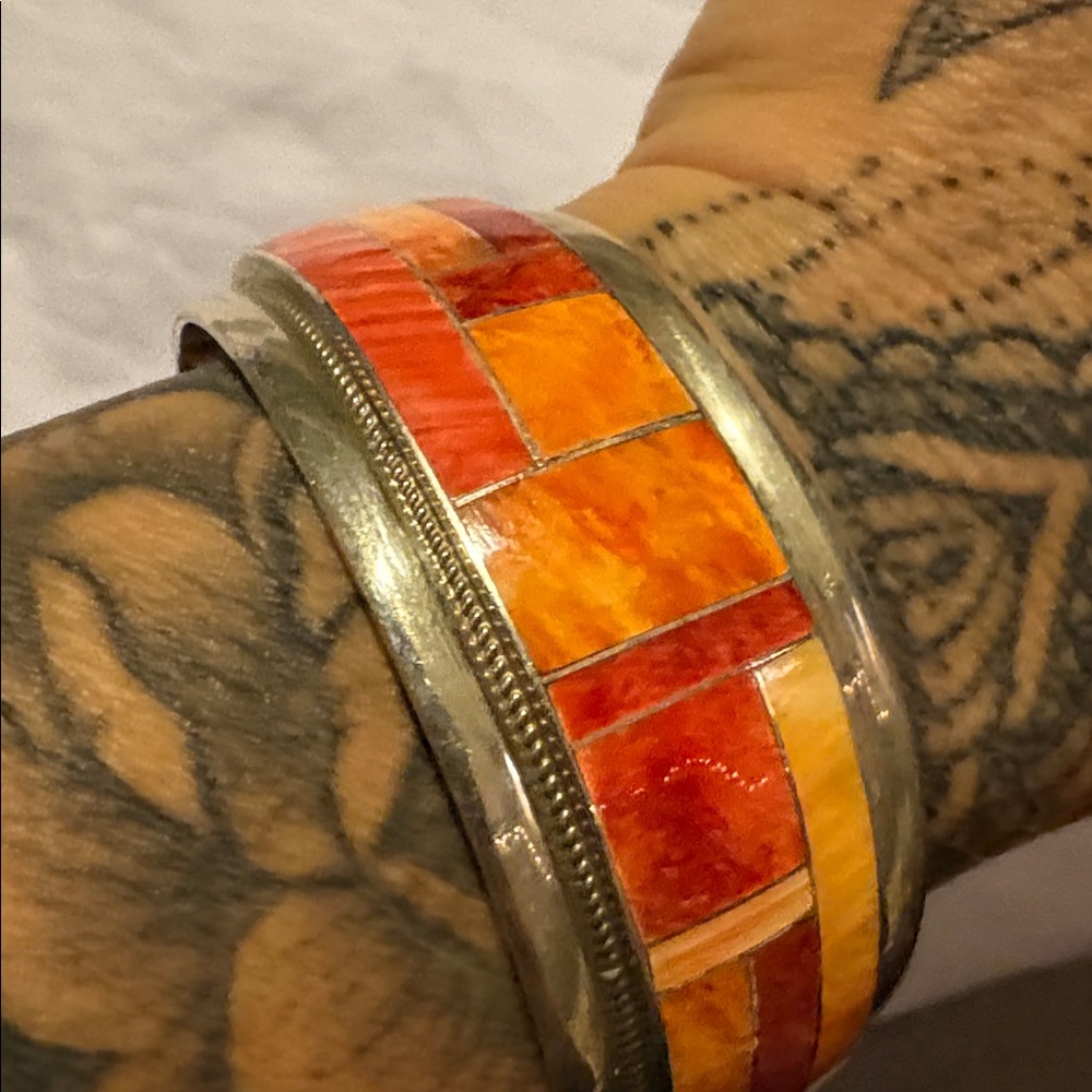 Handmade Navajo spiny oyster Mosaic Cuff Bracelet